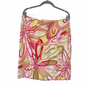 Silk Pencil Skirt Grace Elements Mod Floral sz 14 Pink Green Bold Lettuce Hem